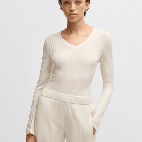 Load image into Gallery viewer, BOSS Long-sleeved V-neck top in lustrous ribbed jersey
