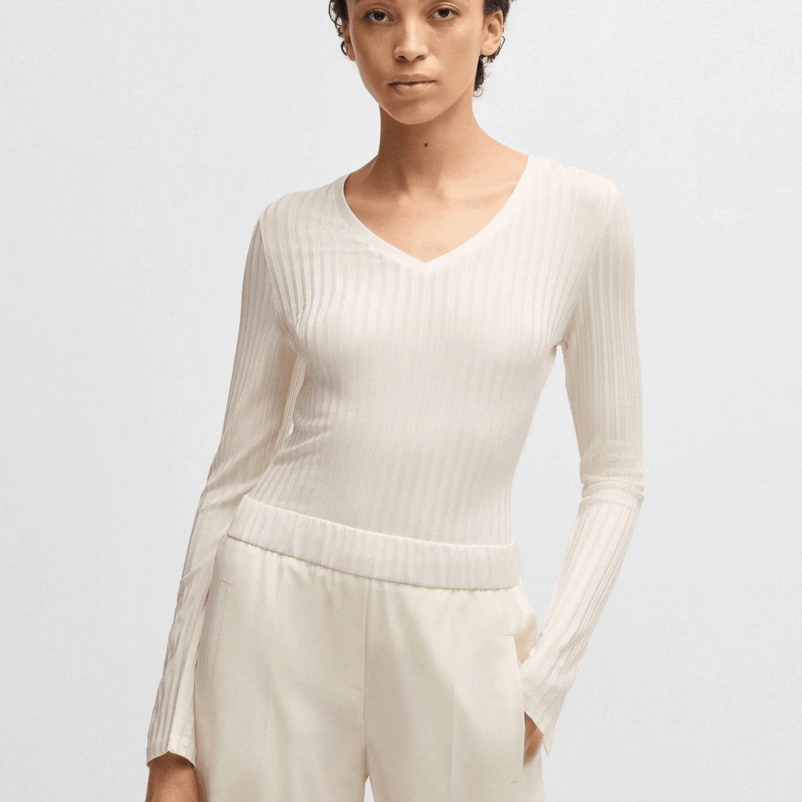 BOSS Long-sleeved V-neck top in lustrous ribbed jersey