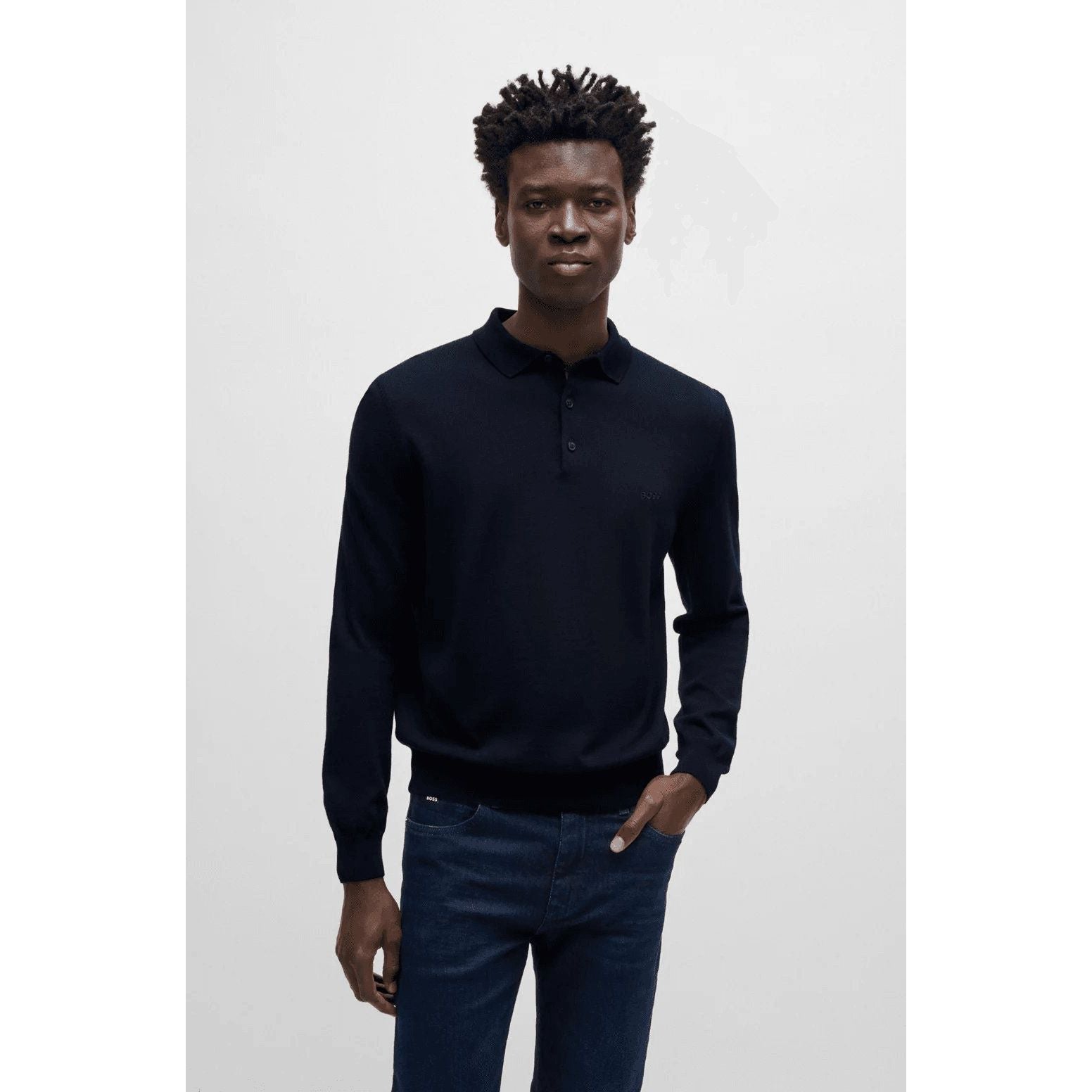 BOSS VIRGIN-WOOL POLO SWEATER WITH EMBROIDERED LOGO