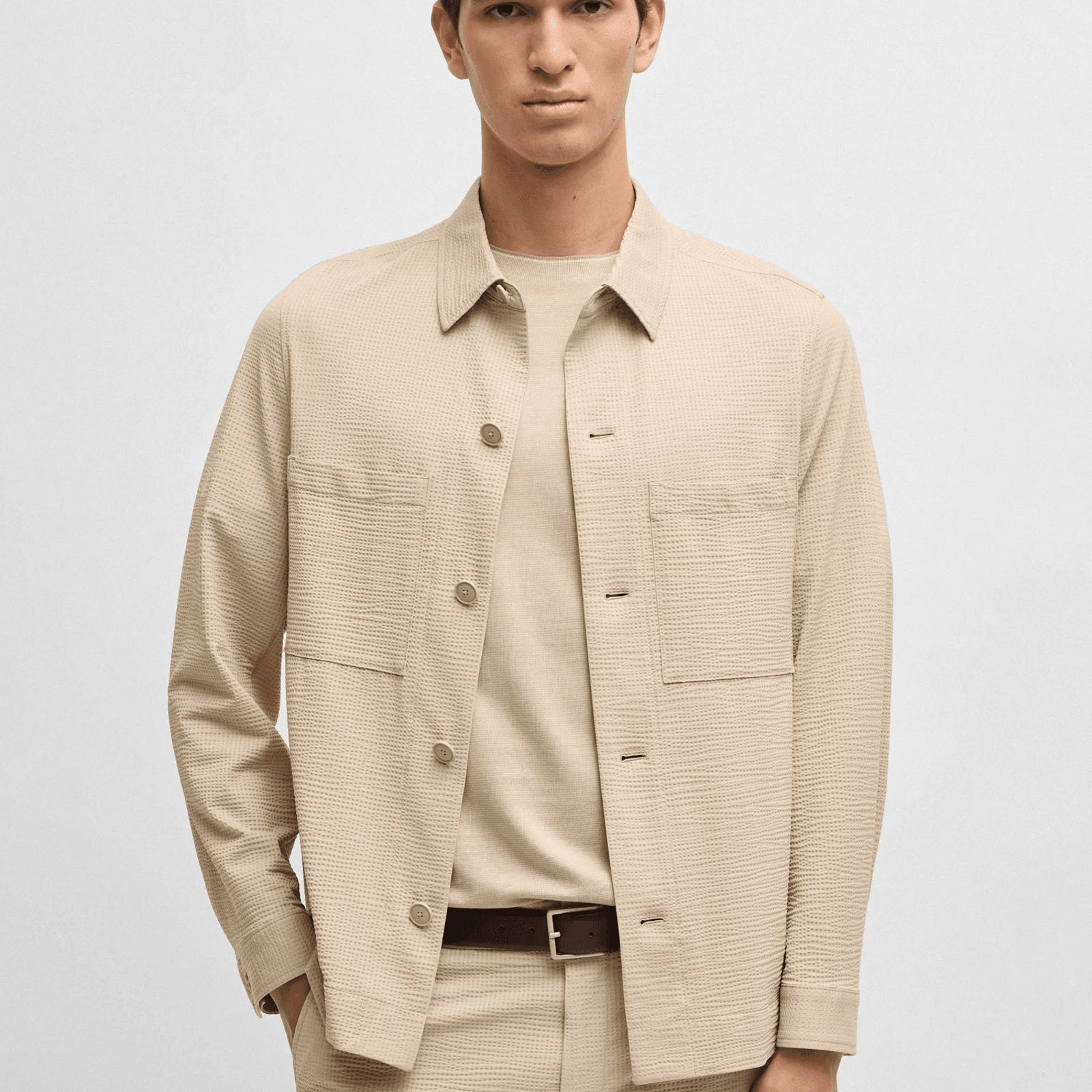 BOSS Relaxed-fit overshirt in stretch seersucker