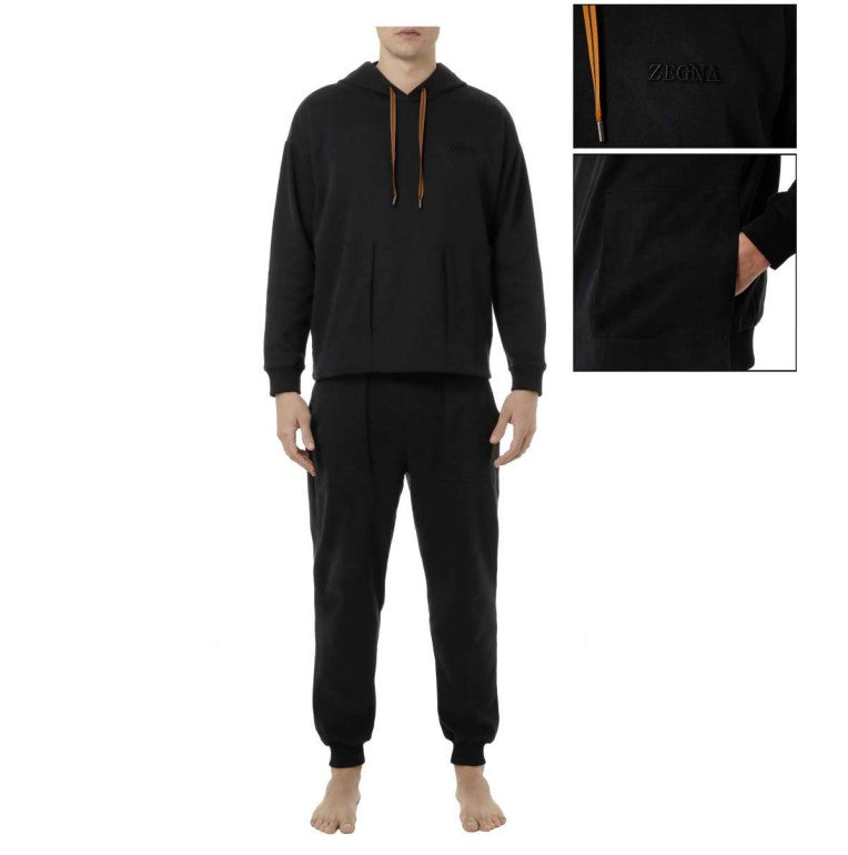 ZEGNA BLACK COTTON HOODED SWEATSHIRT