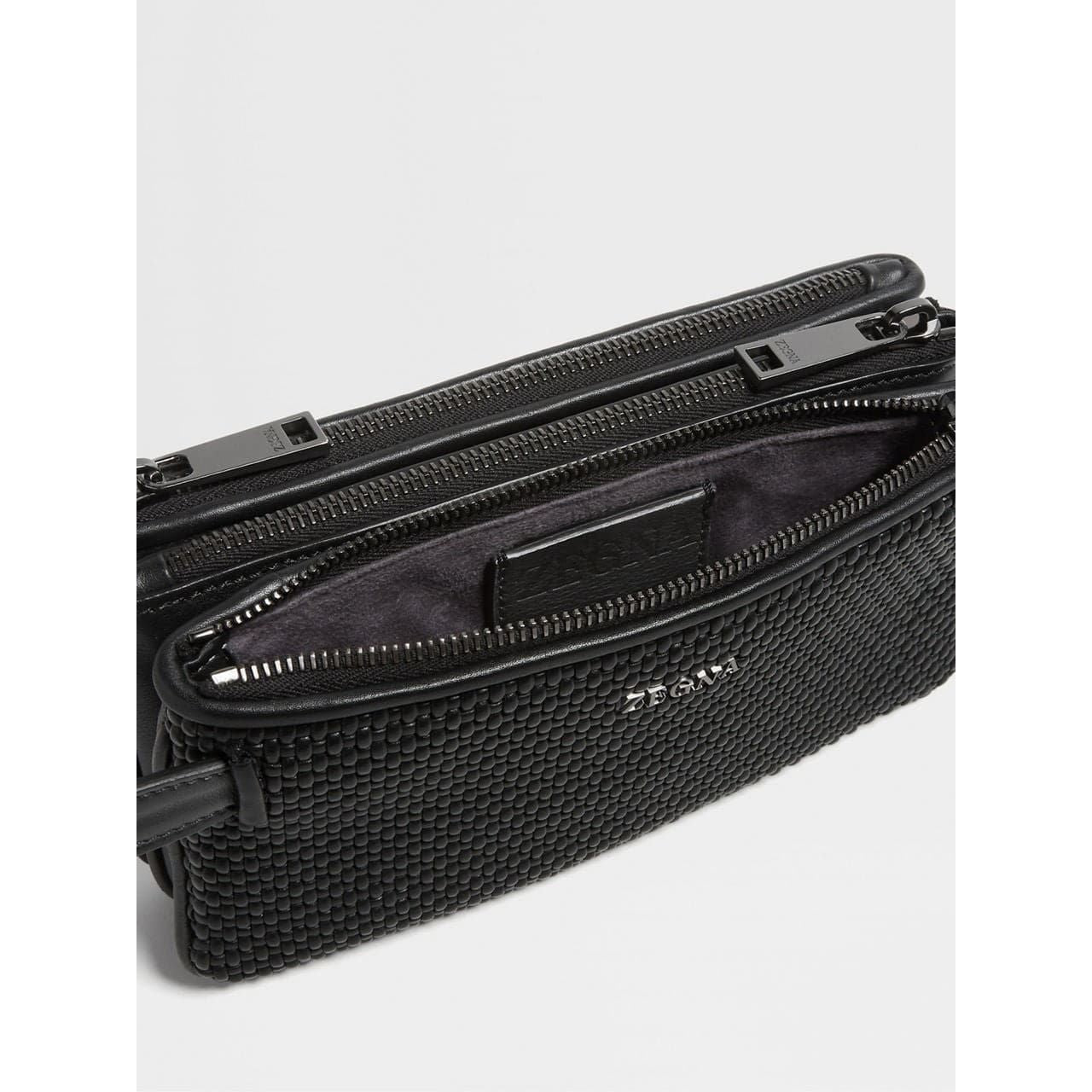 ZEGNA BLACK PELLETESSUTA™ LEATHER TRIPLE ZIP POUCH