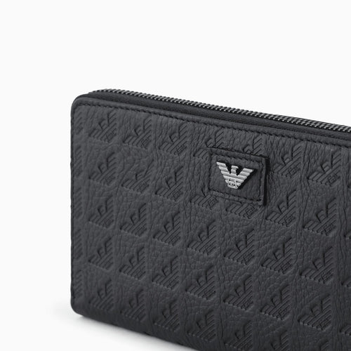 Load image into Gallery viewer, EMPORIO ARMANI Zip-around leather wallet with all-over embossed eagle
