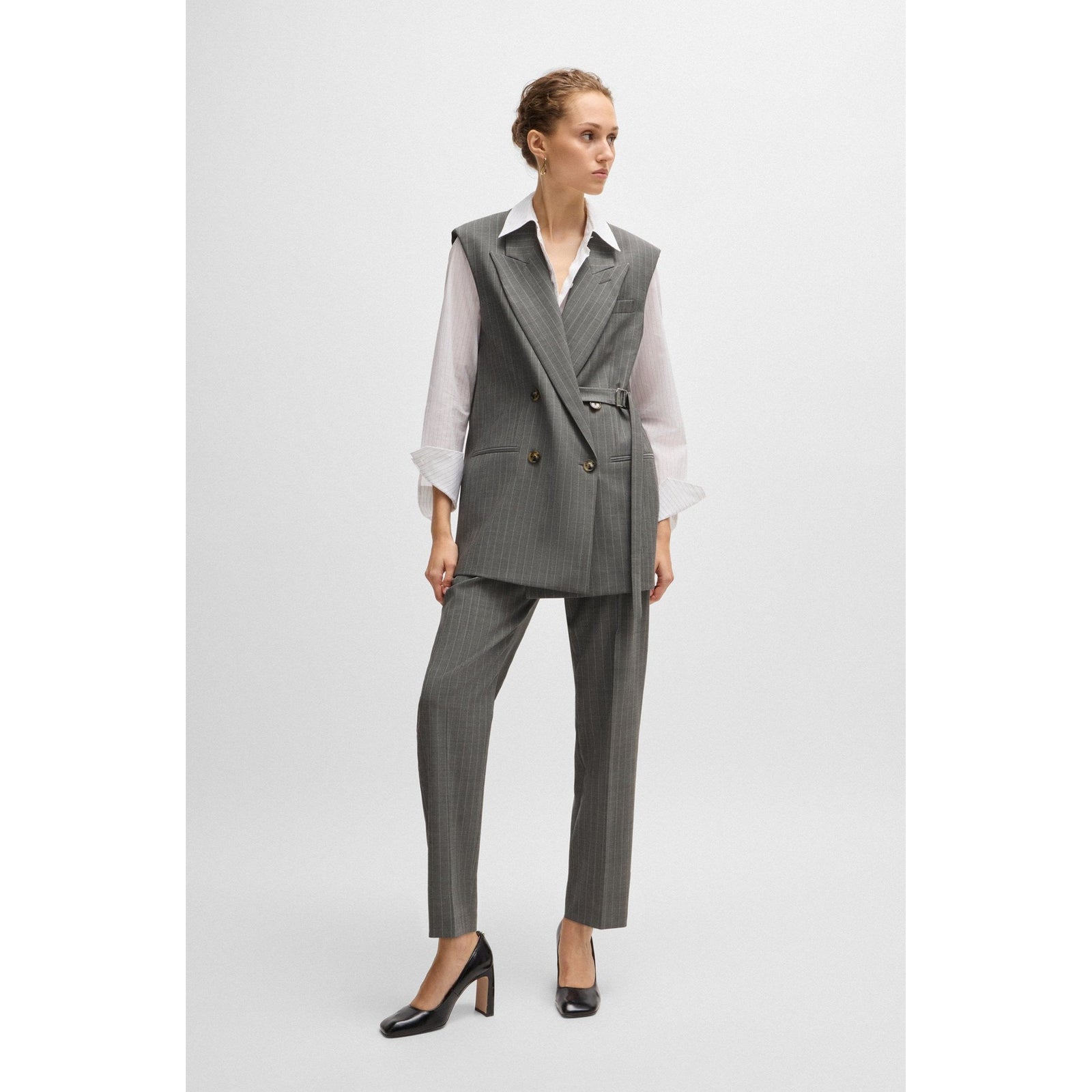 BOSS LONGLINE DOUBLE-BREASTED WAISTCOAT IN STRIPED WOOL