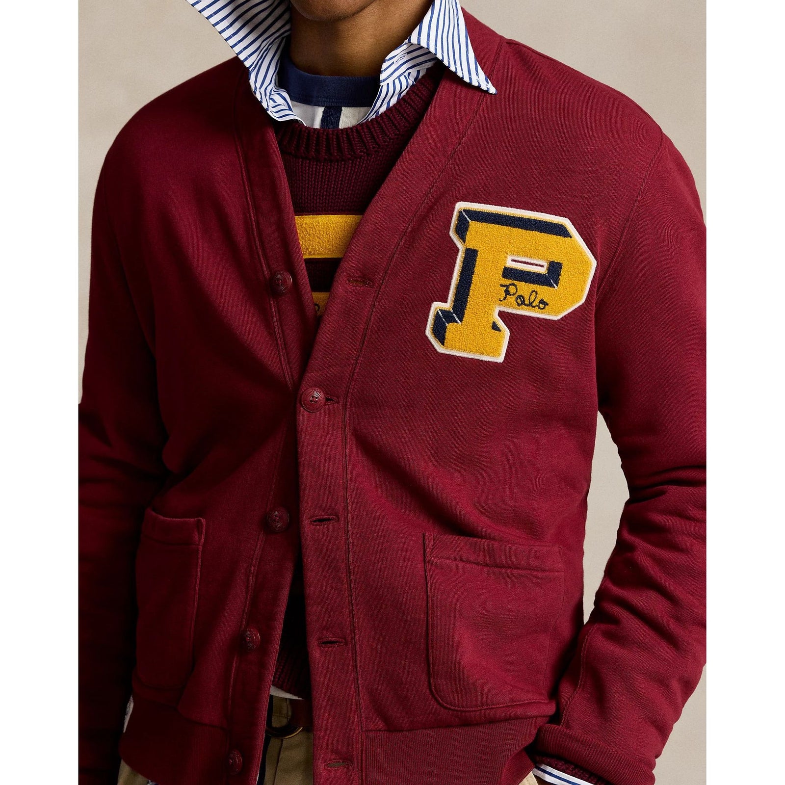 RALPH LAUREN Slub Fleece Letterman Cardigan