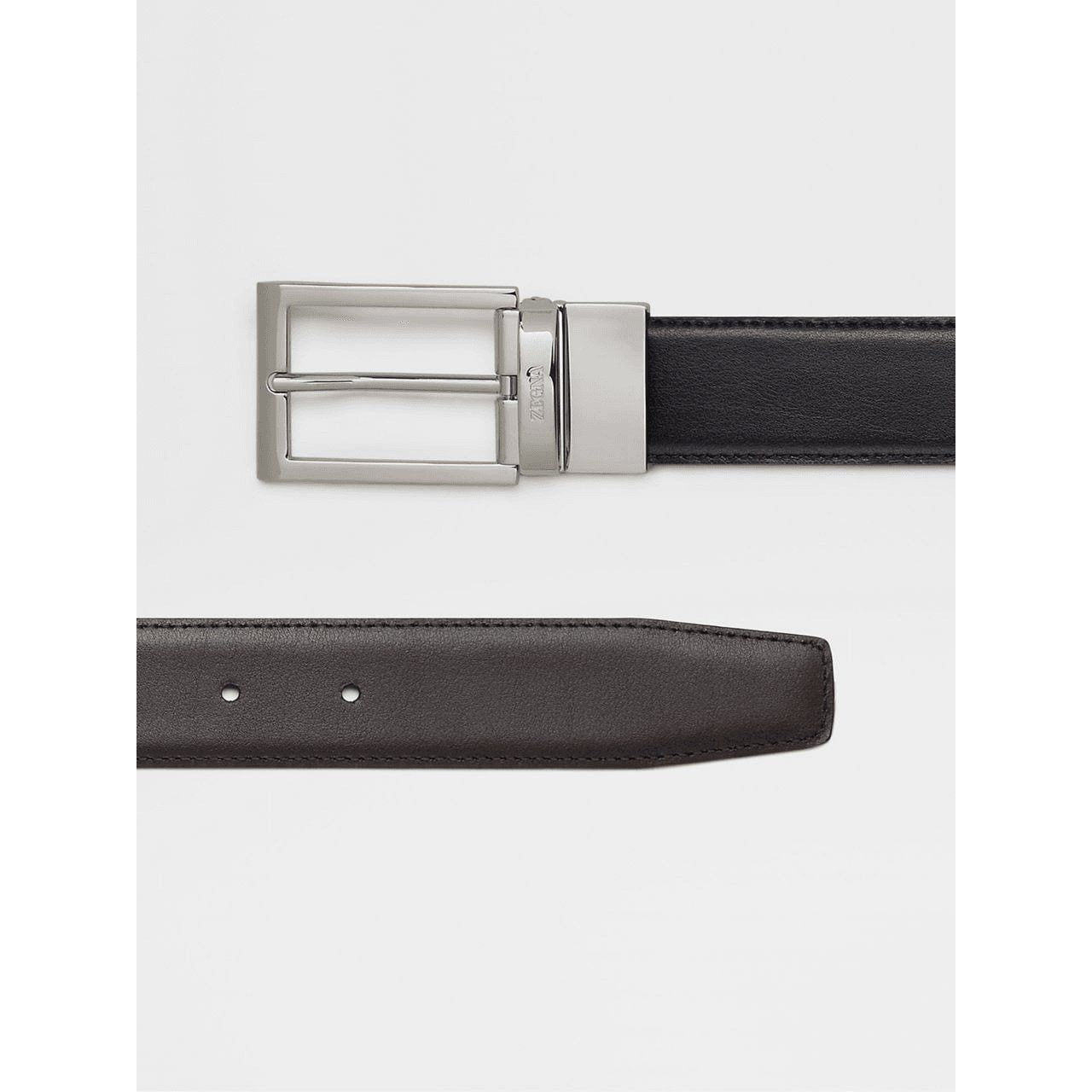 ZEGNA BLACK AND DARK BROWN REVERSIBLE LEATHER BELT