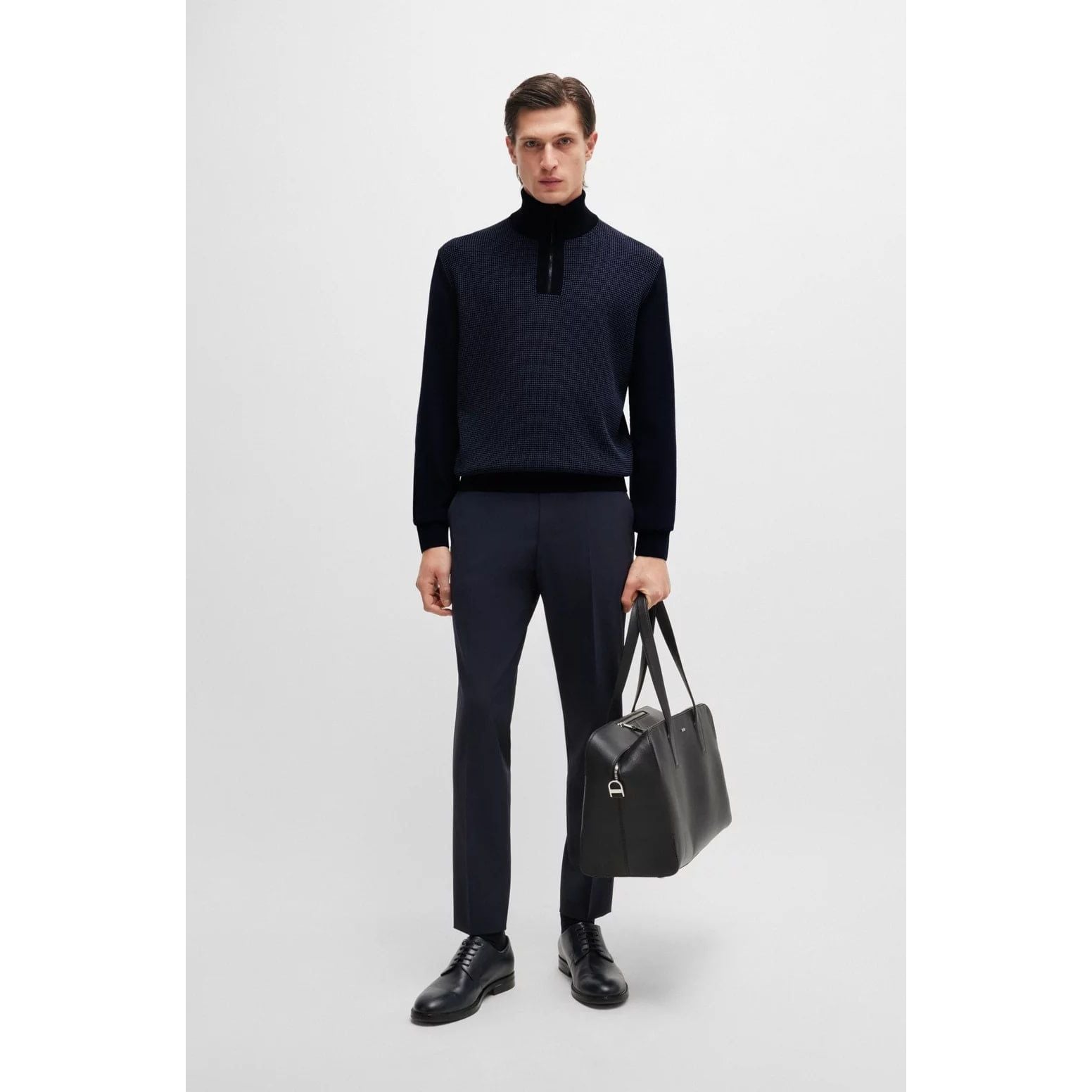 BOSS VIRGIN-WOOL ZIP-NECK SWEATER WITH MIXED STRUCTURES