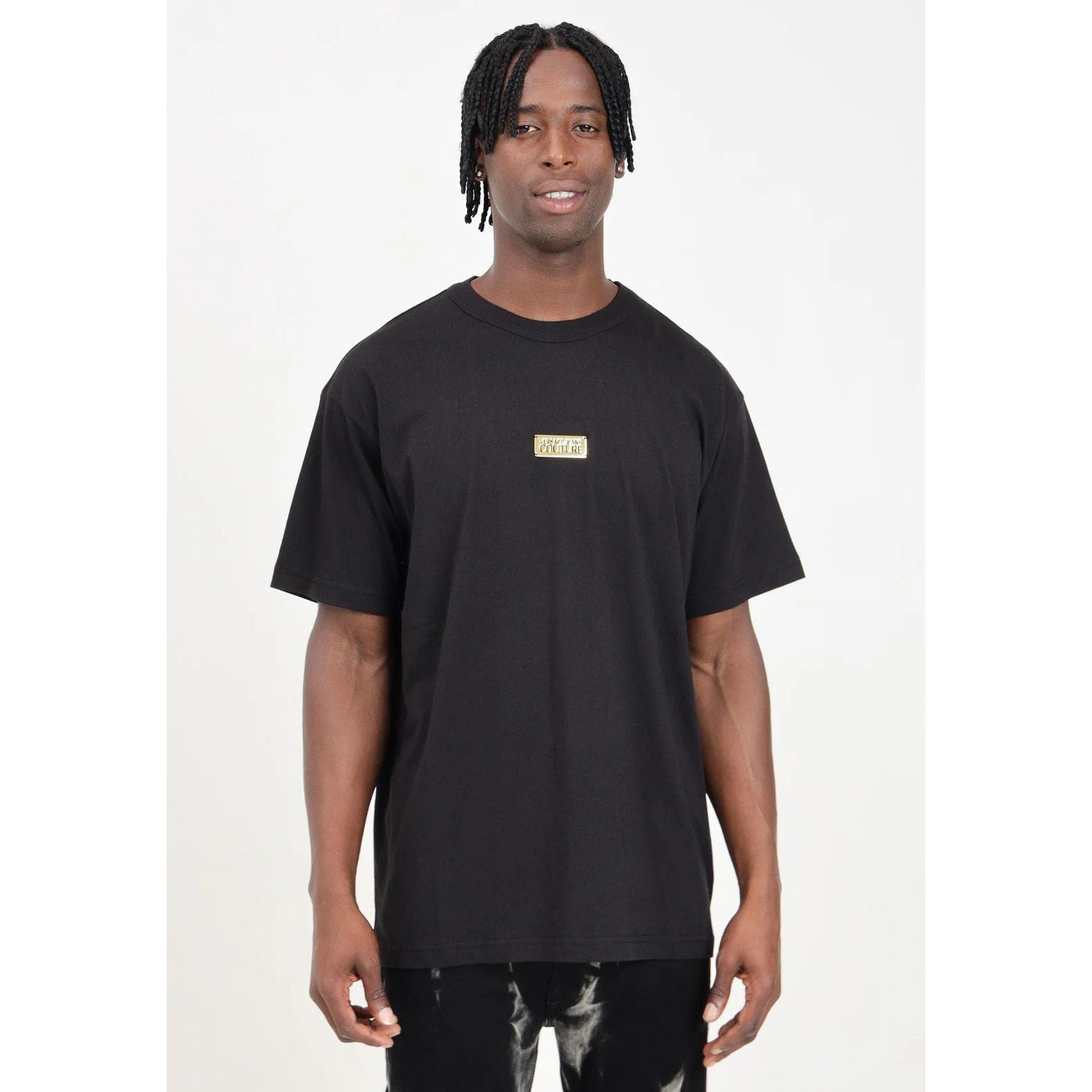 VERSACE JEANS COUTURE Men's black short sleeve T-shirt finished with Institutional Logo label