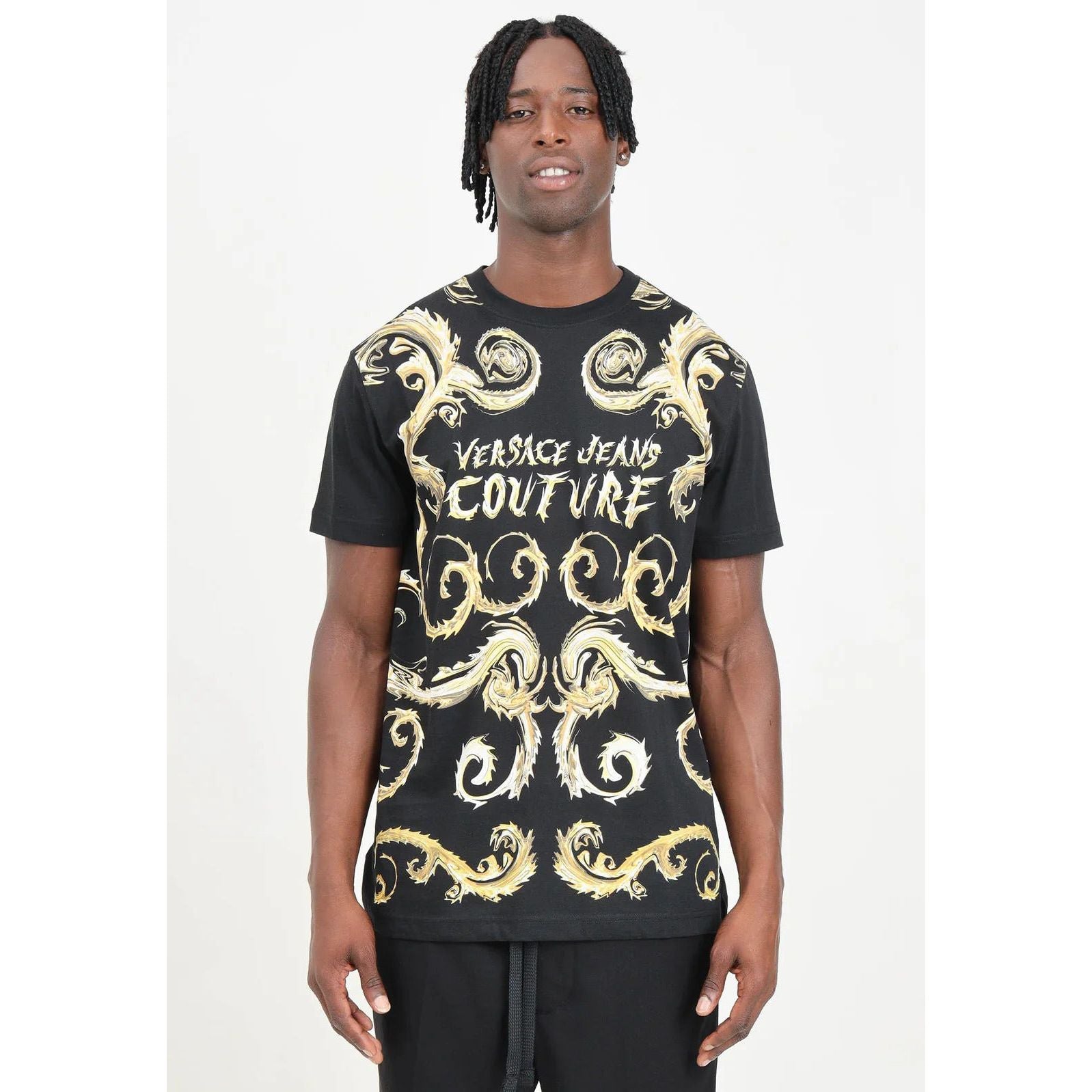 VERSACE JEANS COUTURE Men's Black Short Sleeve T-Shirt with Logo and Baroque Herringbone Pattern