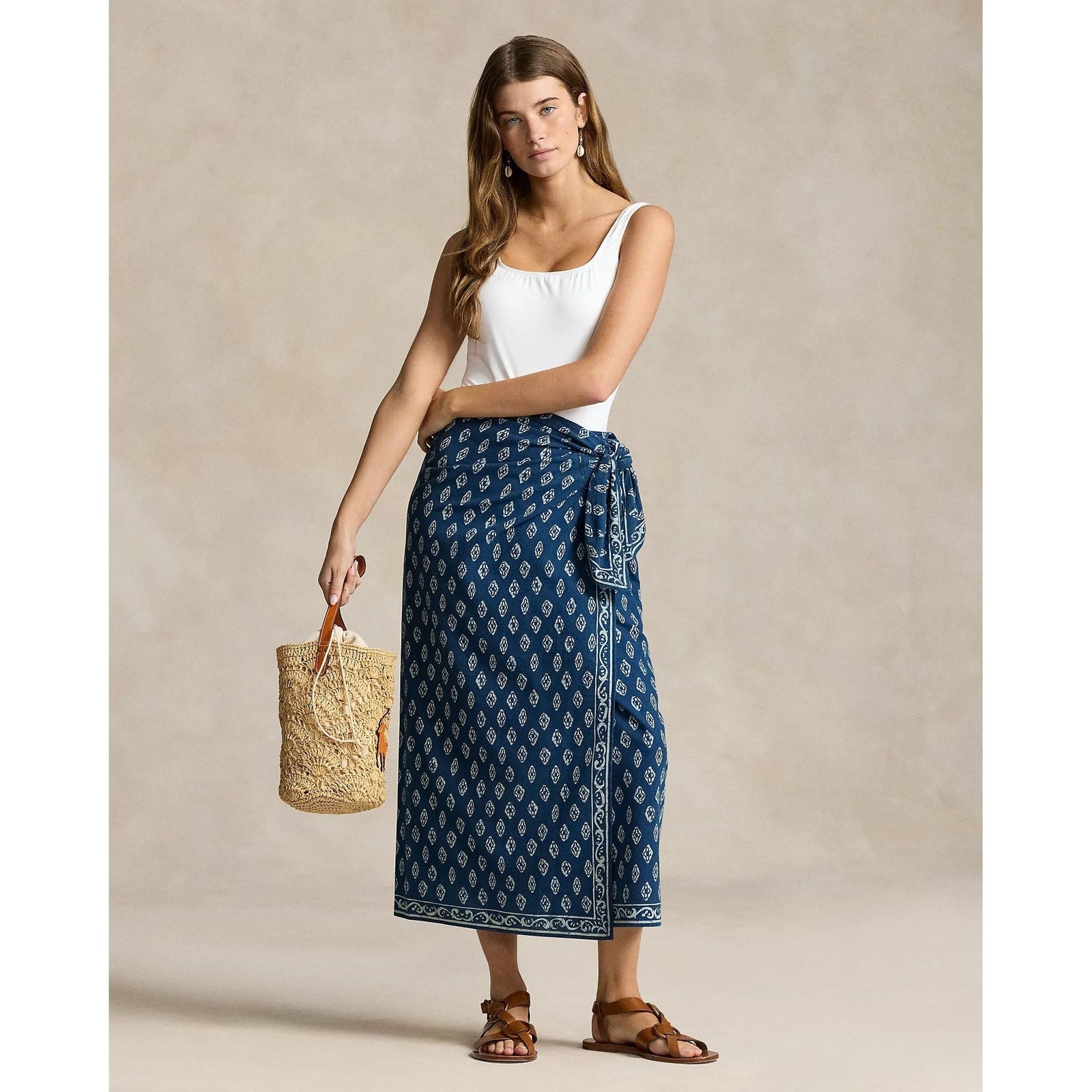 POLO RALPH LAUREN PRINTED COTTON WRAP SKIRT