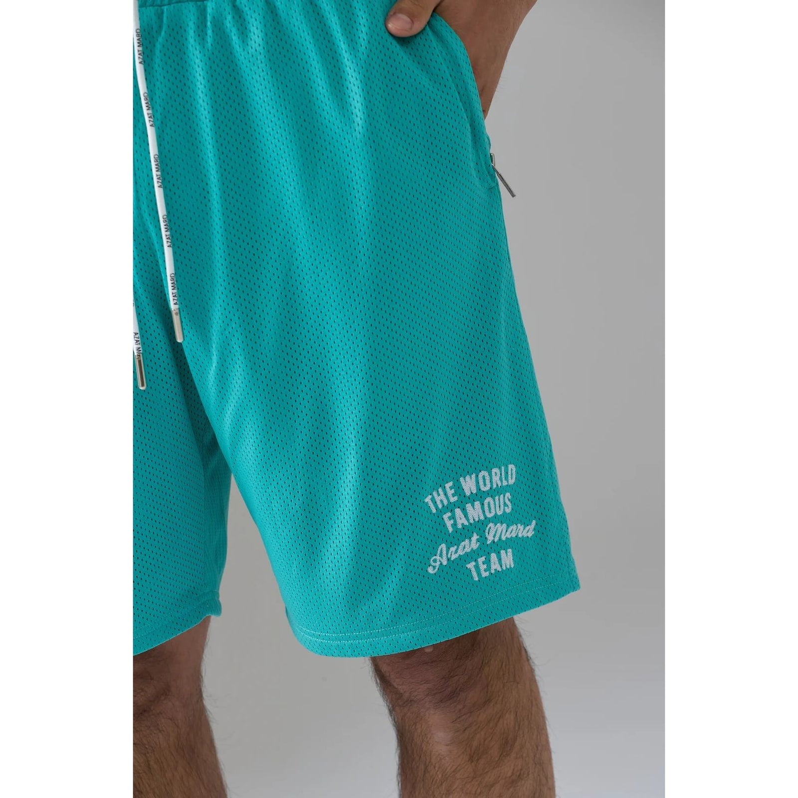 AZAT MARD WORLD FAMOUS AZAT MARD TEAM SEA GREEN MESH SHORTS - Yooto