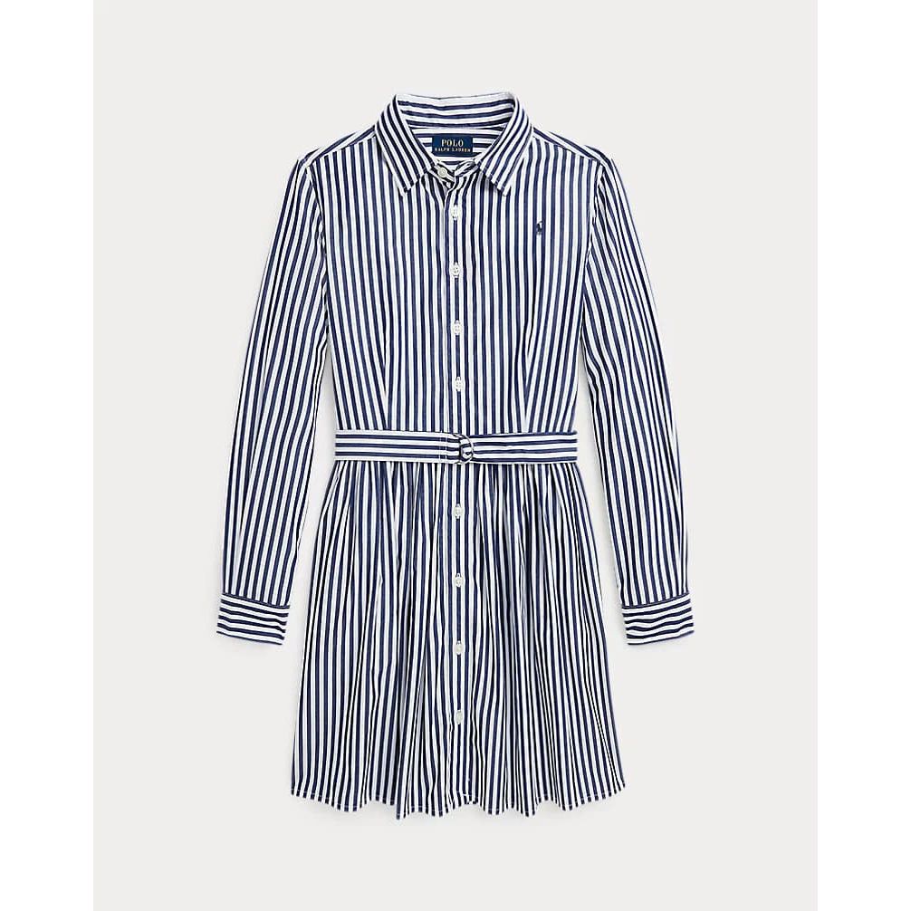 RALPH LAUREN Striped Belted Cotton Poplin Shirtdress