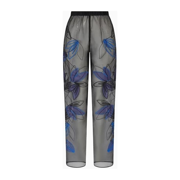 EMPORIO ARMANI PURE SILK ORGANZA ELASTICATED-WAIST TROUSERS WITH FLORAL EMBROIDERY