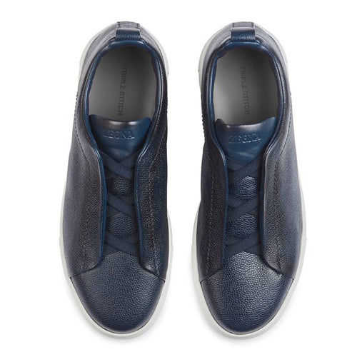 Load image into Gallery viewer, ZEGNA Navy Blue Grained Kangaroo Triple Stitch™ Low Top Sneakers
