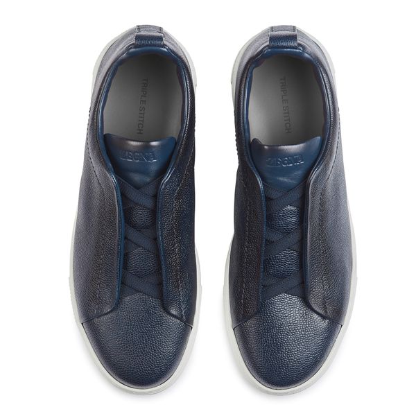 ZEGNA Navy Blue Grained Kangaroo Triple Stitch™ Low Top Sneakers