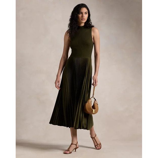 RALPH LAUREN Pleated Sleeveless Mockneck Dress