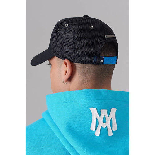 Load image into Gallery viewer, AZAT MARD BLACK ON BLACK BLUE SNAP MESH CAP
