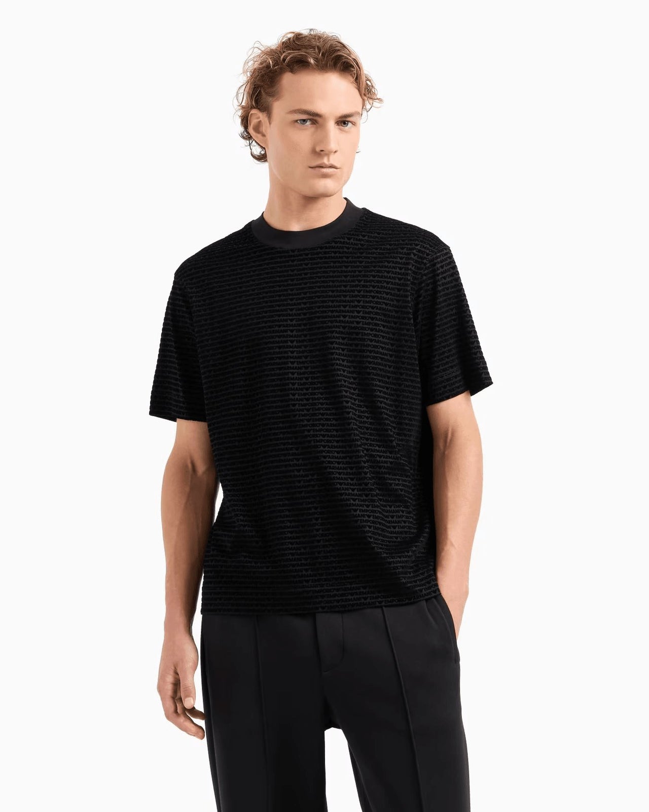 EMPORIO ARMANI ASV Lyocell-blend jersey T-shirt with all-over flocked logo lettering