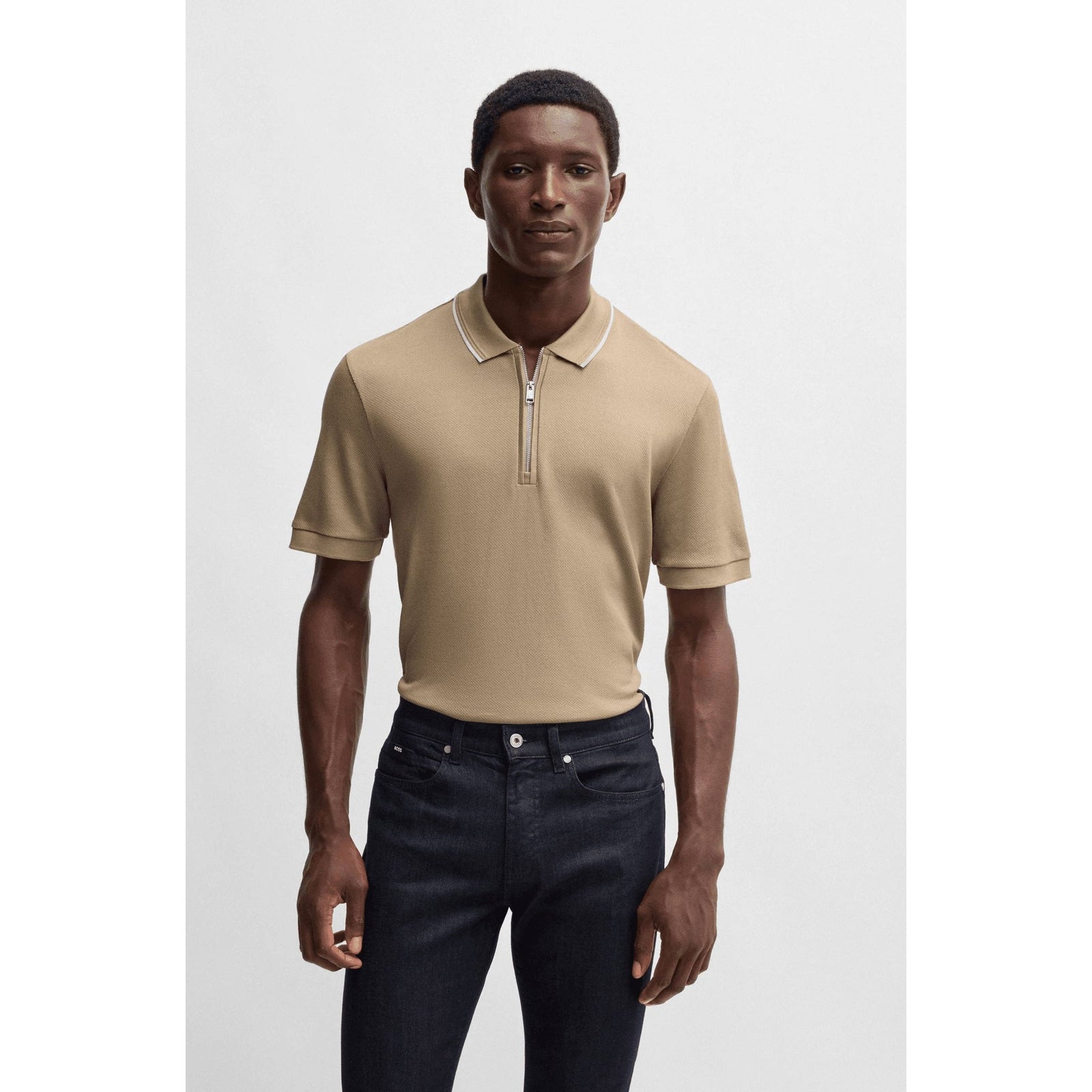 BOSS Structured-cotton polo shirt with zip placket