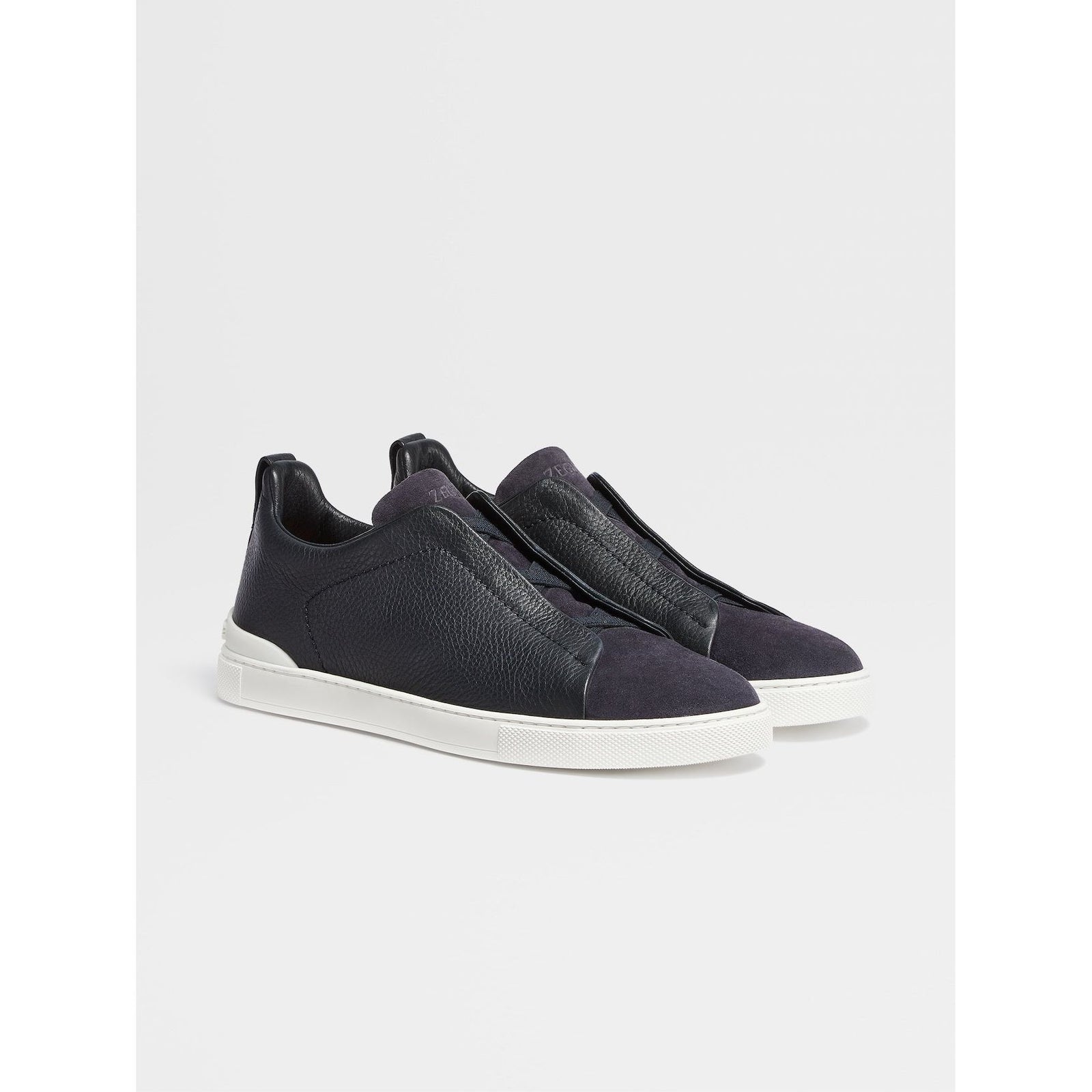 ZEGNA Navy Blue Grained Leather and Suede Triple Stitch™ Low Top Sneakers