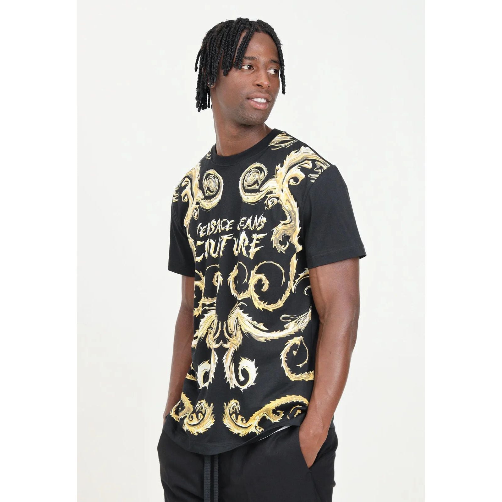 VERSACE JEANS COUTURE Men's Black Short Sleeve T-Shirt with Logo and Baroque Herringbone Pattern