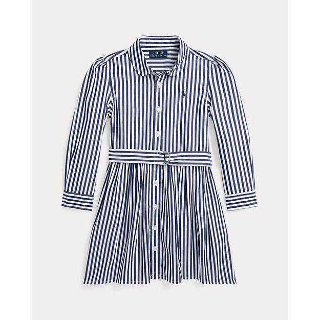 RALPH LAUREN Striped Belted Cotton Poplin Shirtdress