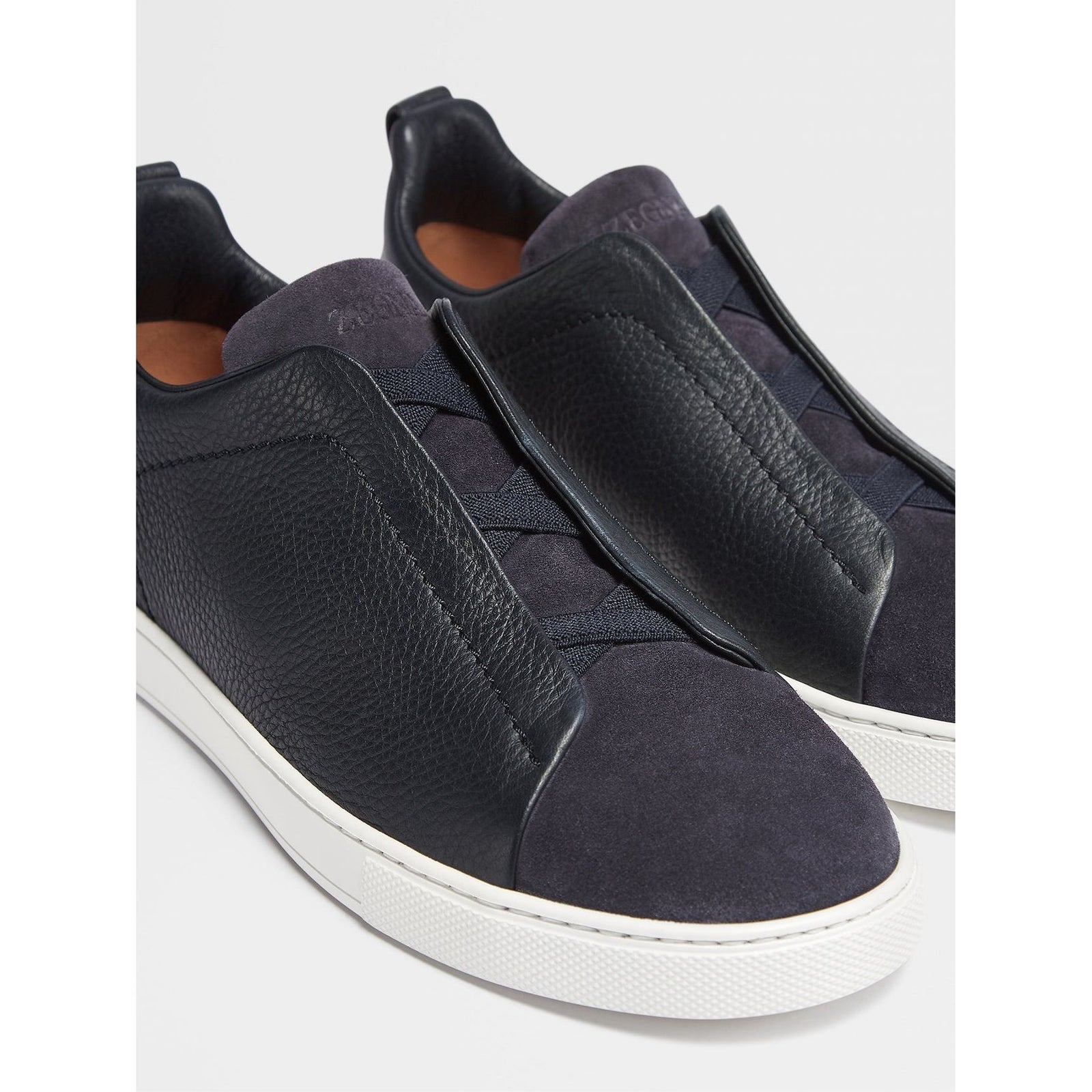 ZEGNA Navy Blue Grained Leather and Suede Triple Stitch™ Low Top Sneakers