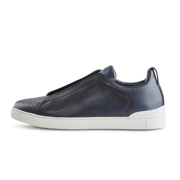 ZEGNA Navy Blue Grained Kangaroo Triple Stitch™ Low Top Sneakers