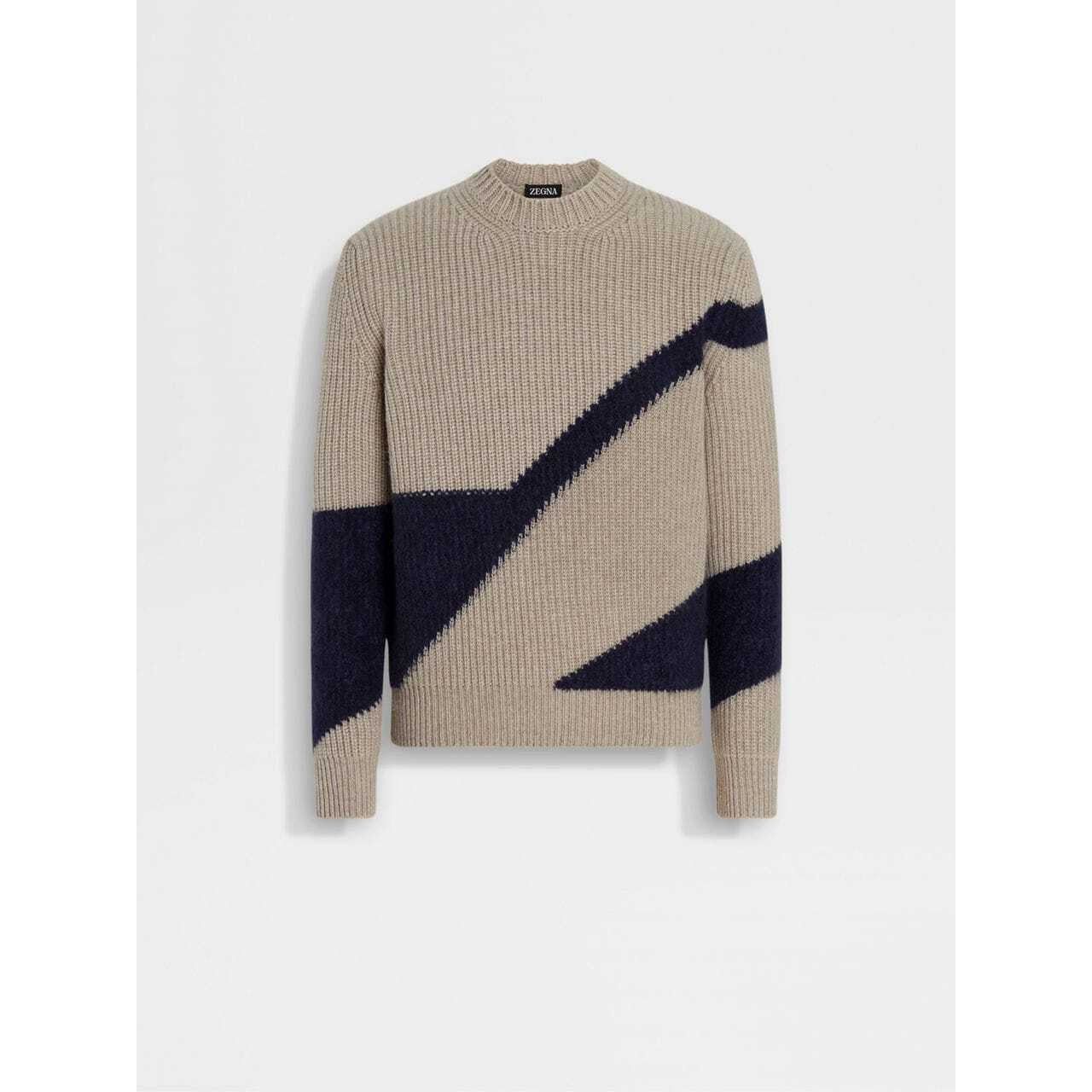 ZEGNA LIGHT TAUPE AND INK BLUE CASHMERE AND SILK CREWNECK