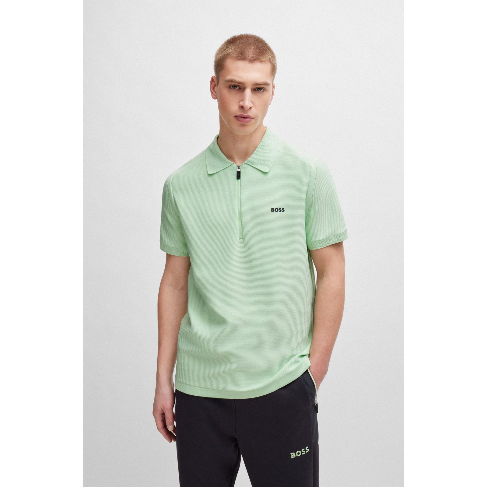BOSS SHORT-SLEEVED POLO-STYLE SWEATER WITH ZIP COLLAR AND LOGO - Yooto