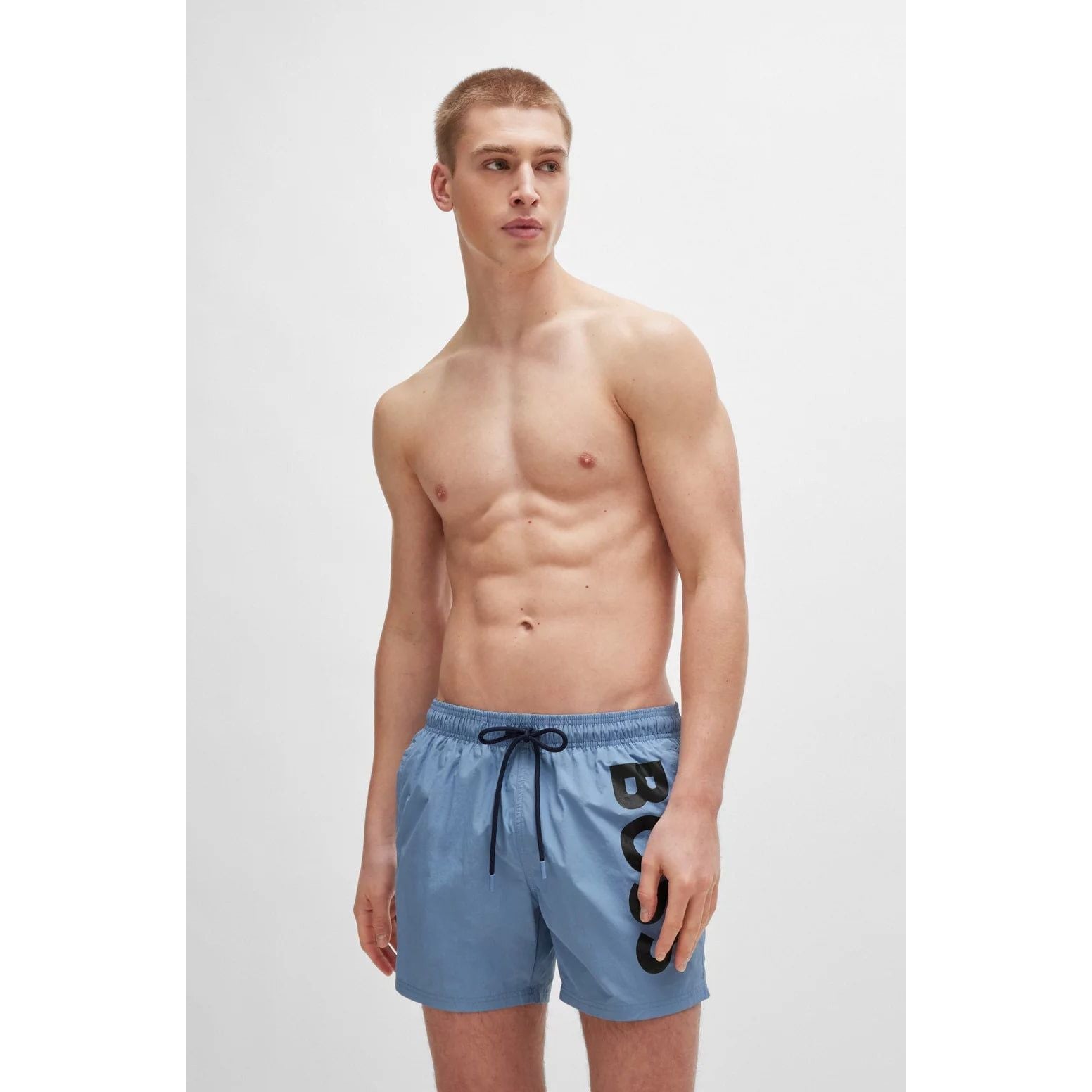 BOSS VERTICAL-LOGO-PRINT SWIM SHORTS IN QUICK-DRY POPLIN