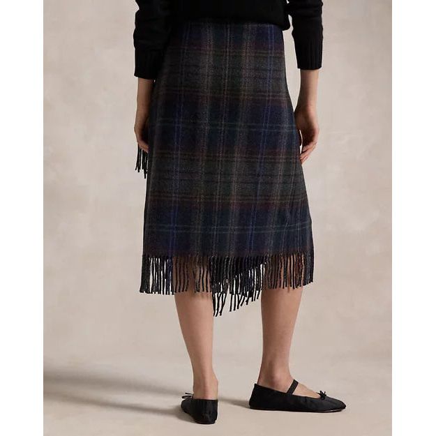 RALPH LAUREN Fringe-Trim Plaid Wrap Skirt