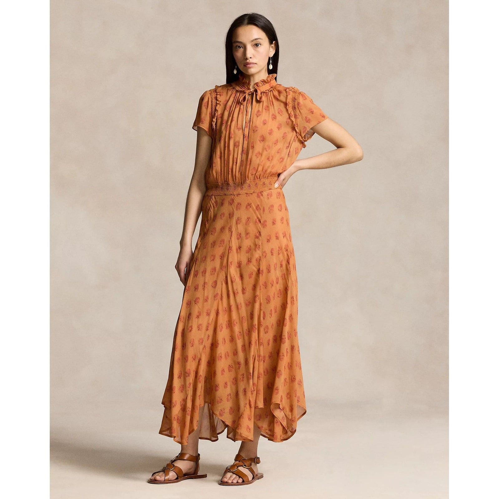 POLO RALPH LAUREN BLOCK-PRINT GEORGETTE TIE-NECK DRESS