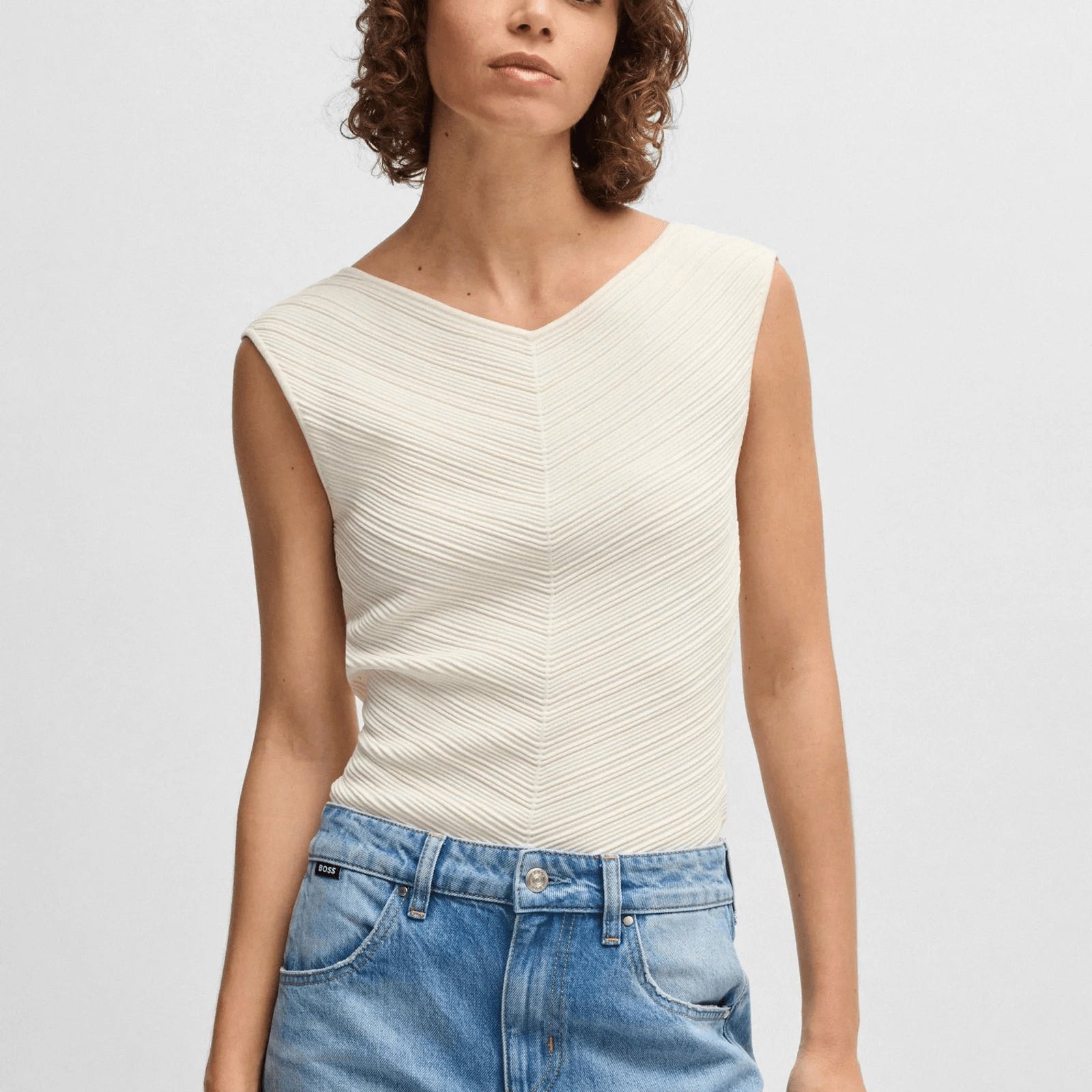 BOSS V-neck top with knitted structure