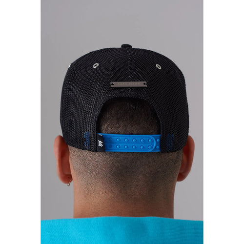 Load image into Gallery viewer, AZAT MARD BLACK ON BLACK BLUE SNAP MESH CAP
