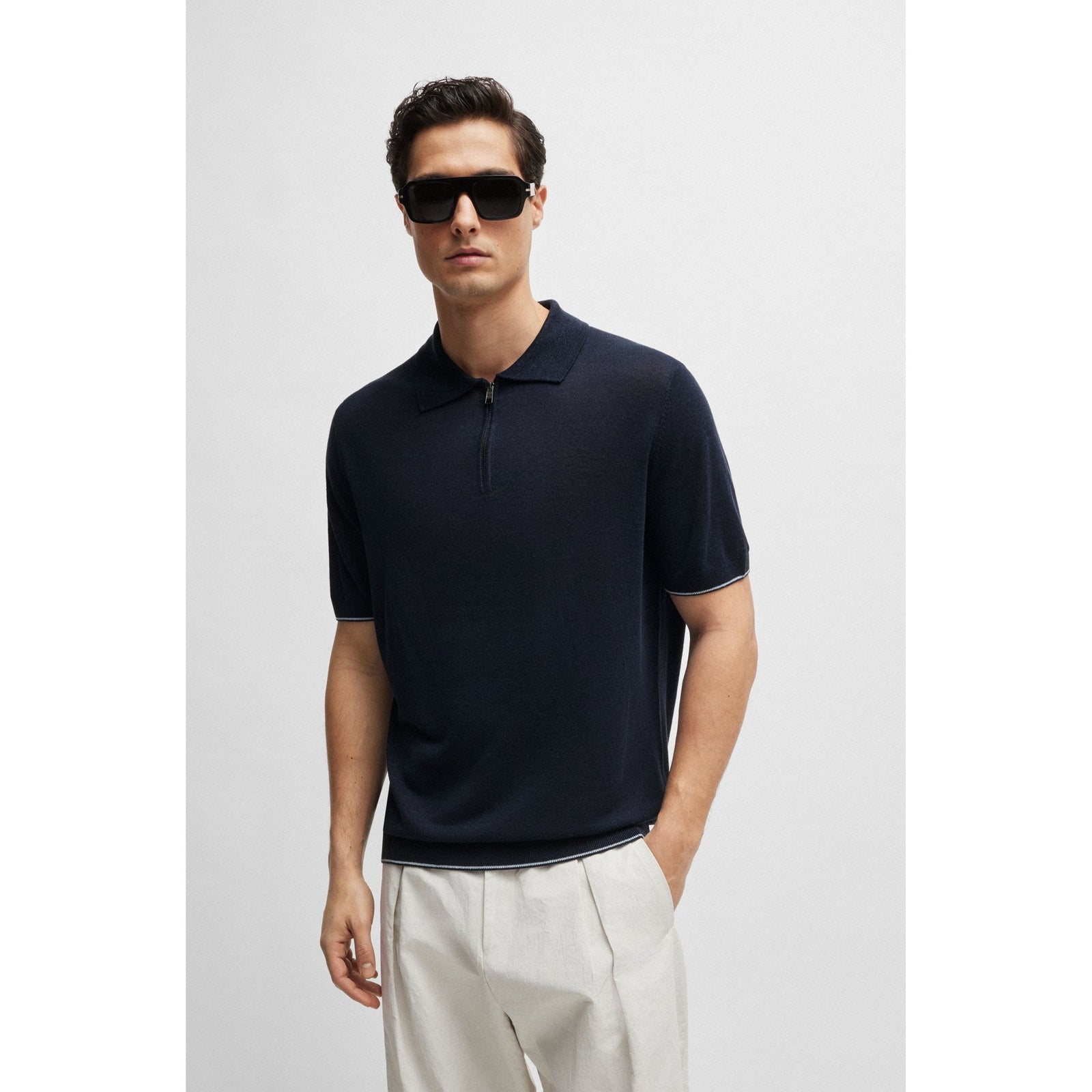BOSS POLO-STYLE SWEATER IN LINEN BLEND WITH ZIP COLLAR - Yooto