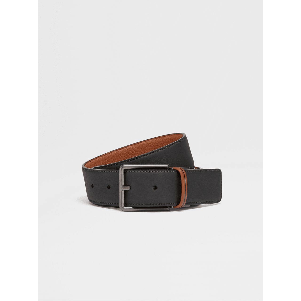 ZEGNA BLACK AND FOLIAGE REVERSIBLE LEATHER BELT