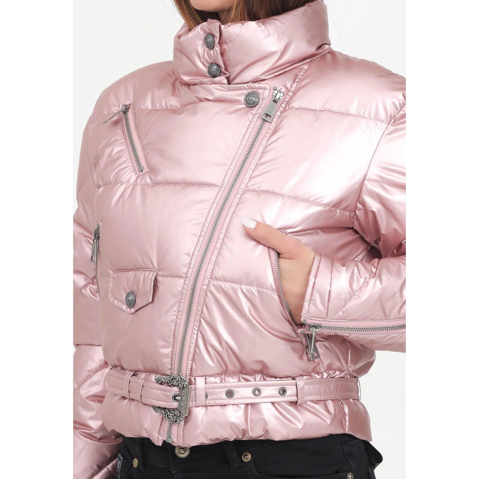 VERSACE JEANS COUTURE Pink Down Jacket with Pearl Metallic Finish