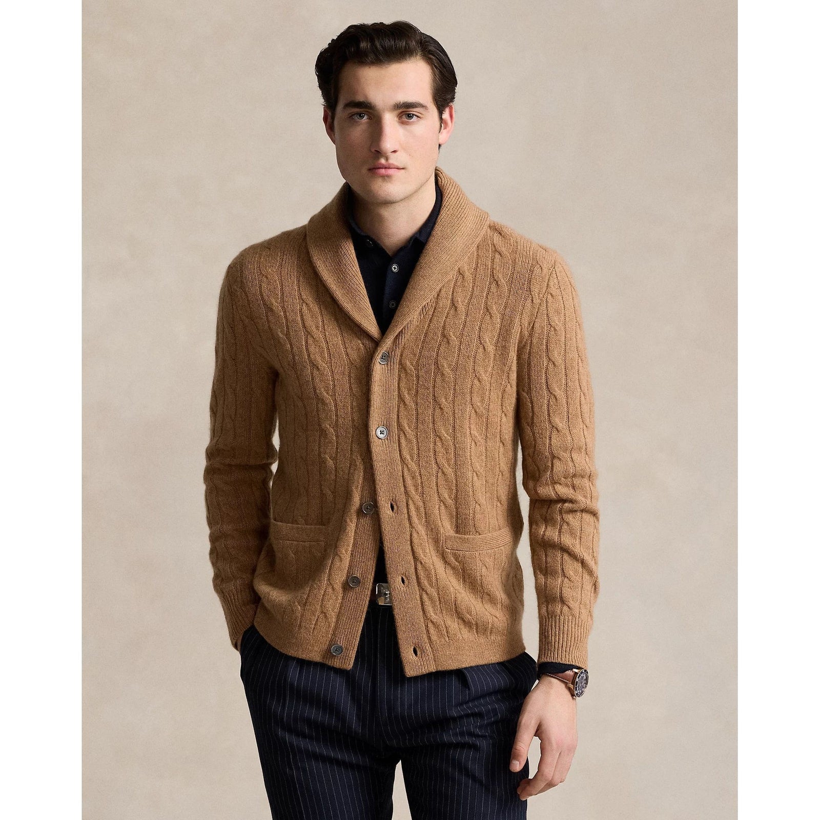 RALPH LAUREN Cable-Knit Cashmere Shawl Cardigan