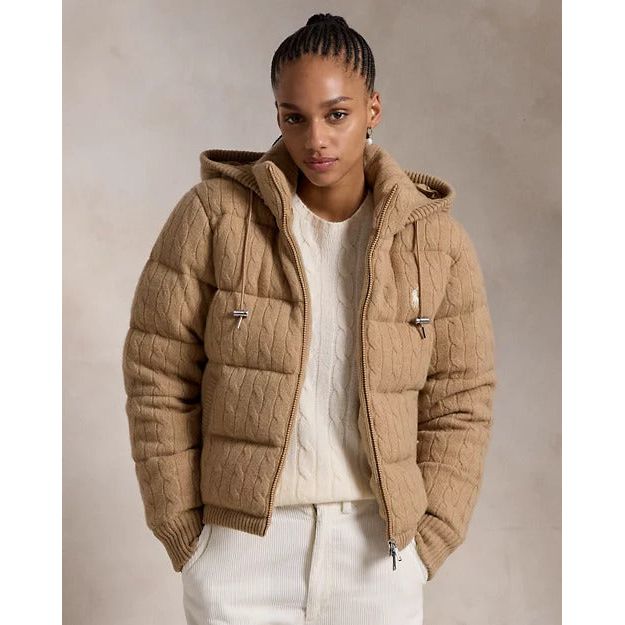 RALPH LAUREN Cable-Knit Hooded Down Coat