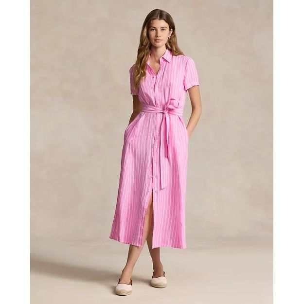 POLO RALPH LAUREN BELTED STRIPED LINEN SHIRTDRESS - Yooto