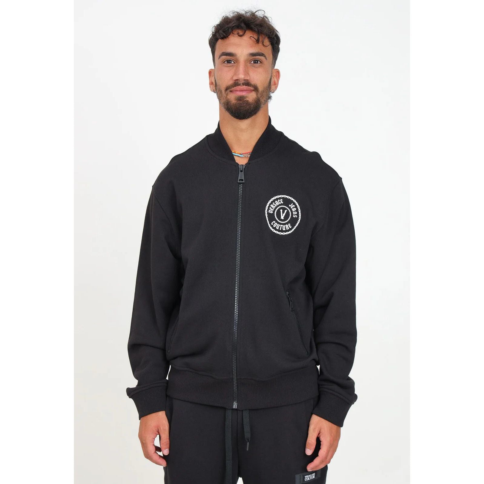 VERSACE JEANS COUTURE Black Zip Up Hoodie Featuring V-Emblem Logo