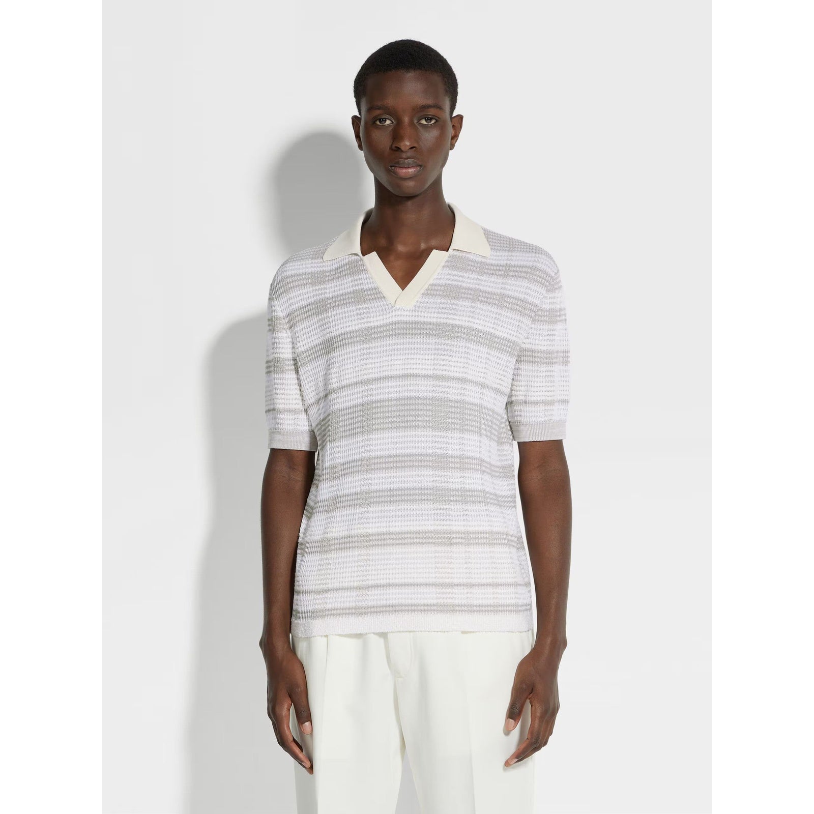 ZEGNA WHITE AND DARK TAUPE COTTON AND SILK BLEND POLO SHIRT