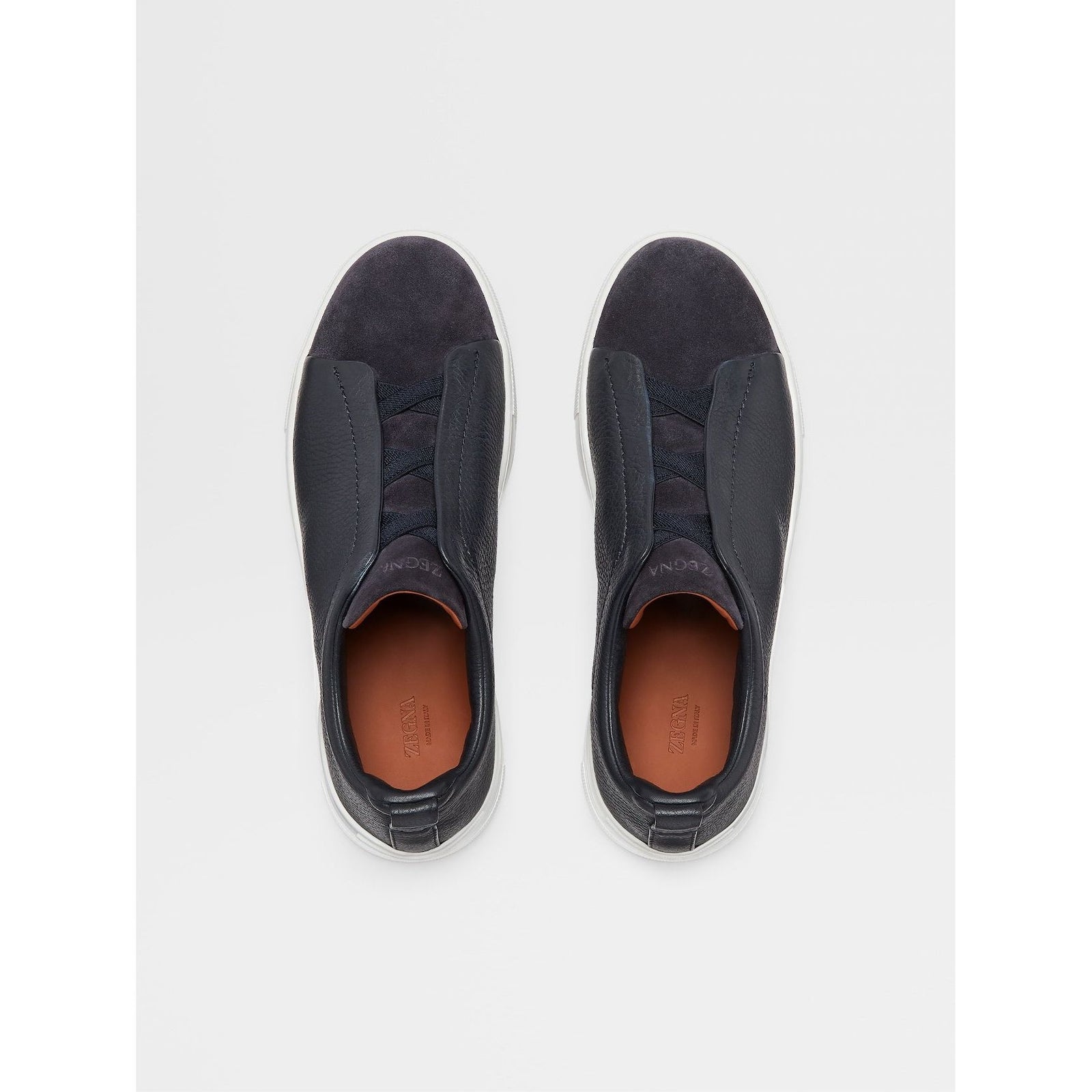 ZEGNA Navy Blue Grained Leather and Suede Triple Stitch™ Low Top Sneakers