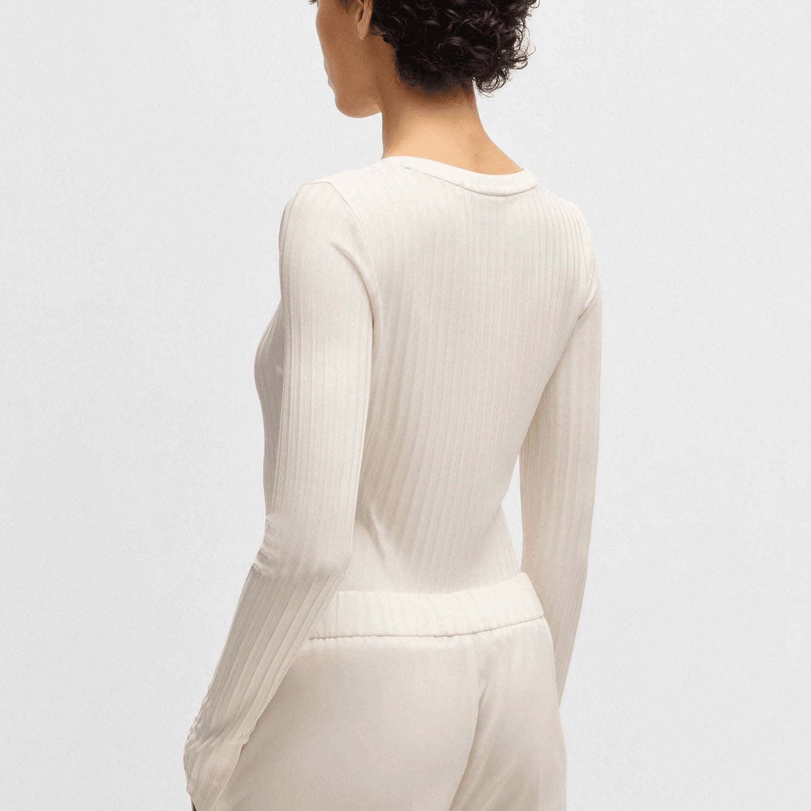 BOSS Long-sleeved V-neck top in lustrous ribbed jersey