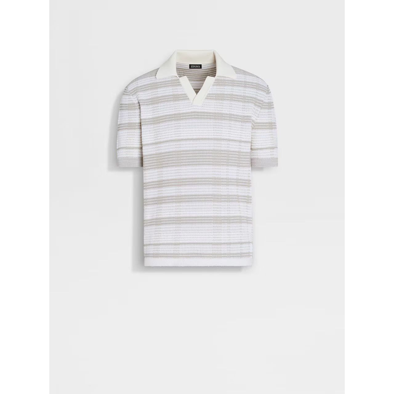 ZEGNA WHITE AND DARK TAUPE COTTON AND SILK BLEND POLO SHIRT