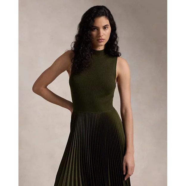 RALPH LAUREN Pleated Sleeveless Mockneck Dress