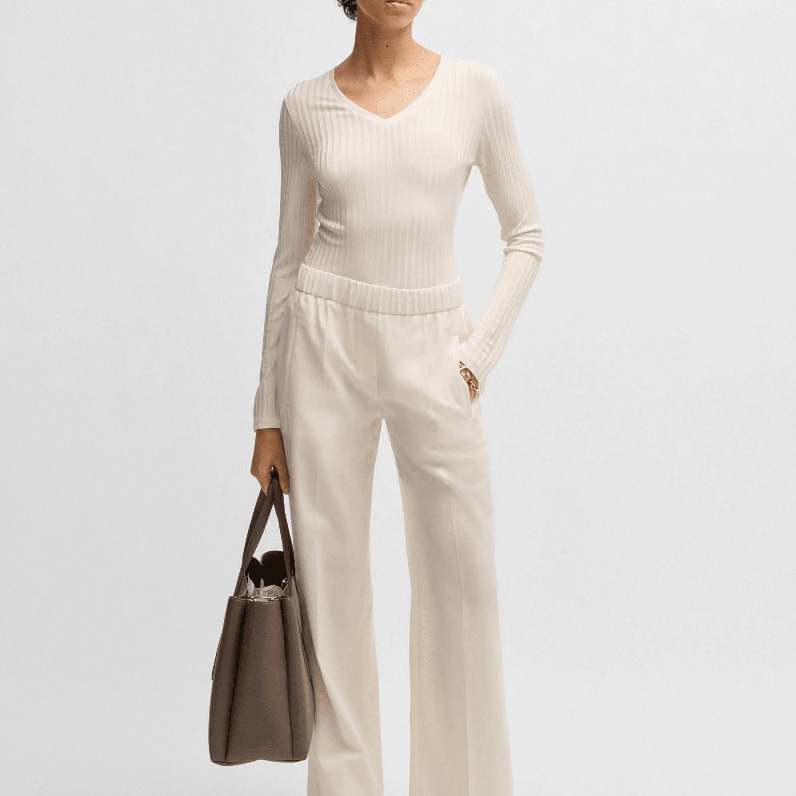 BOSS Long-sleeved V-neck top in lustrous ribbed jersey