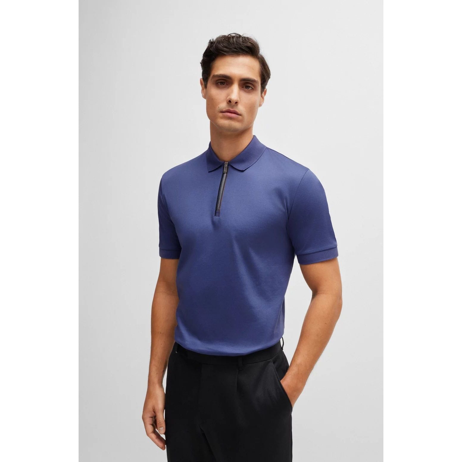 BOSS MERCERISED-COTTON SLIM-FIT POLO SHIRT WITH ZIP PLACKET