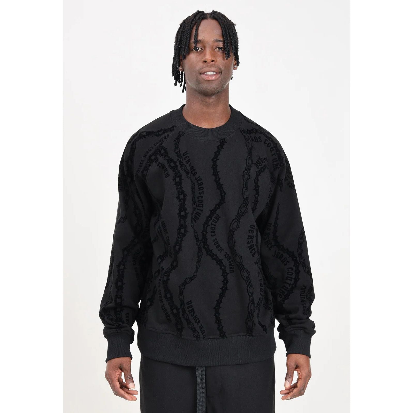 VERSACE JEANS COUTURE Chain Couture Velvet Men's Black Crewneck Sweatshirt